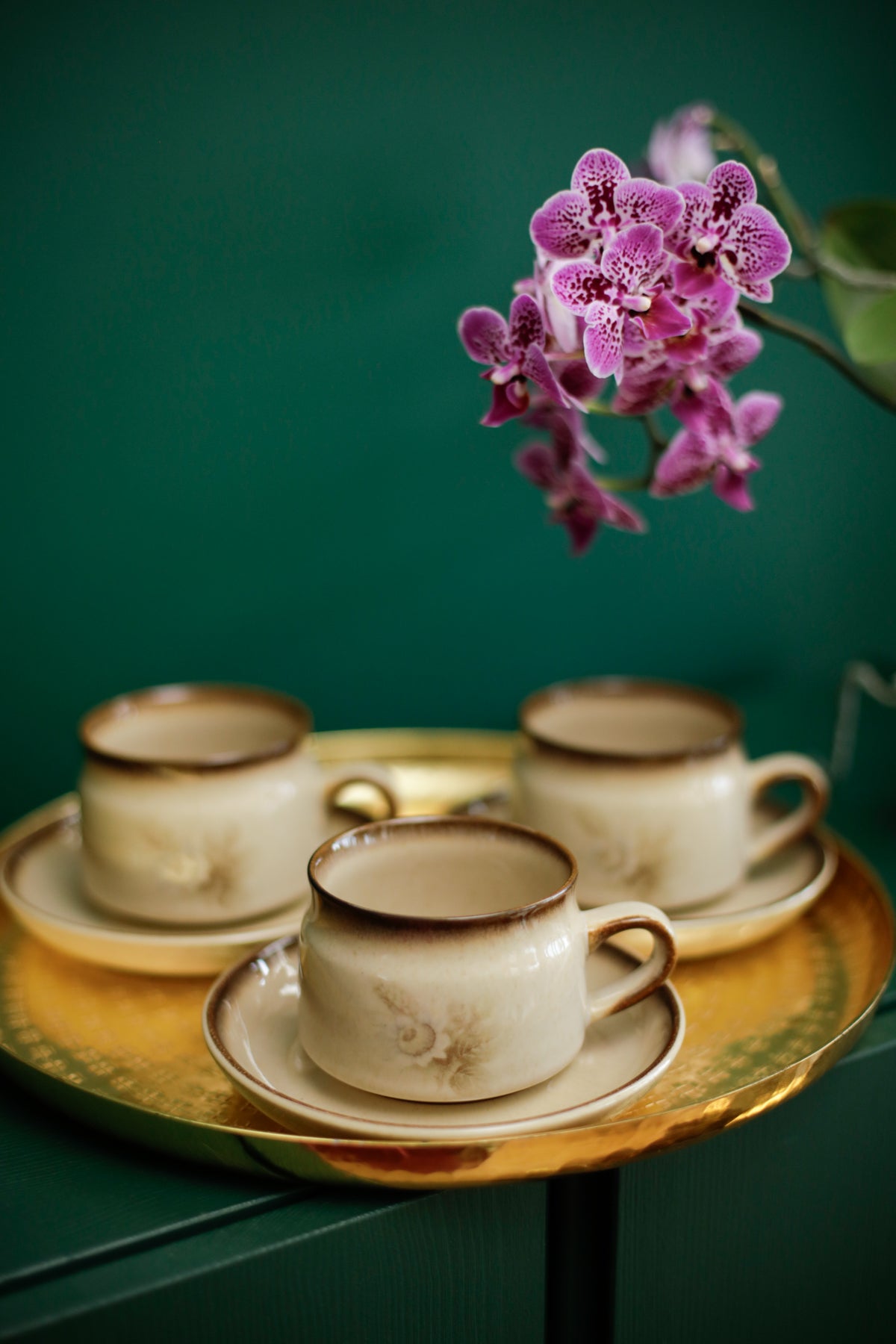 Denby Memories Images Cups and Saucers Floral Design Handcrafted Stoneware set of 3 cups and saucers