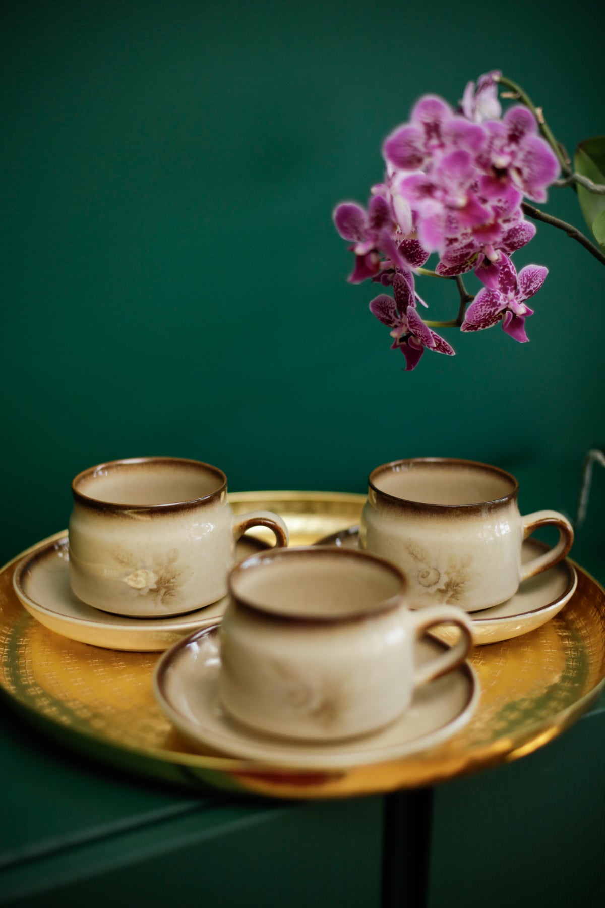 Denby Memories Images Cups and Saucers Floral Design Handcrafted Stoneware set of 3 cups and saucers