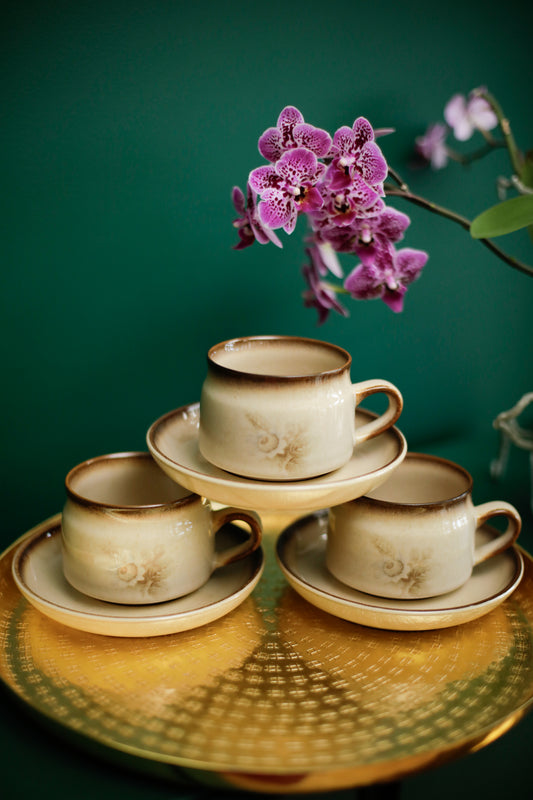 Denby Memories Images Cups and Saucers Floral Design Handcrafted Stoneware set of 3 cups and saucers