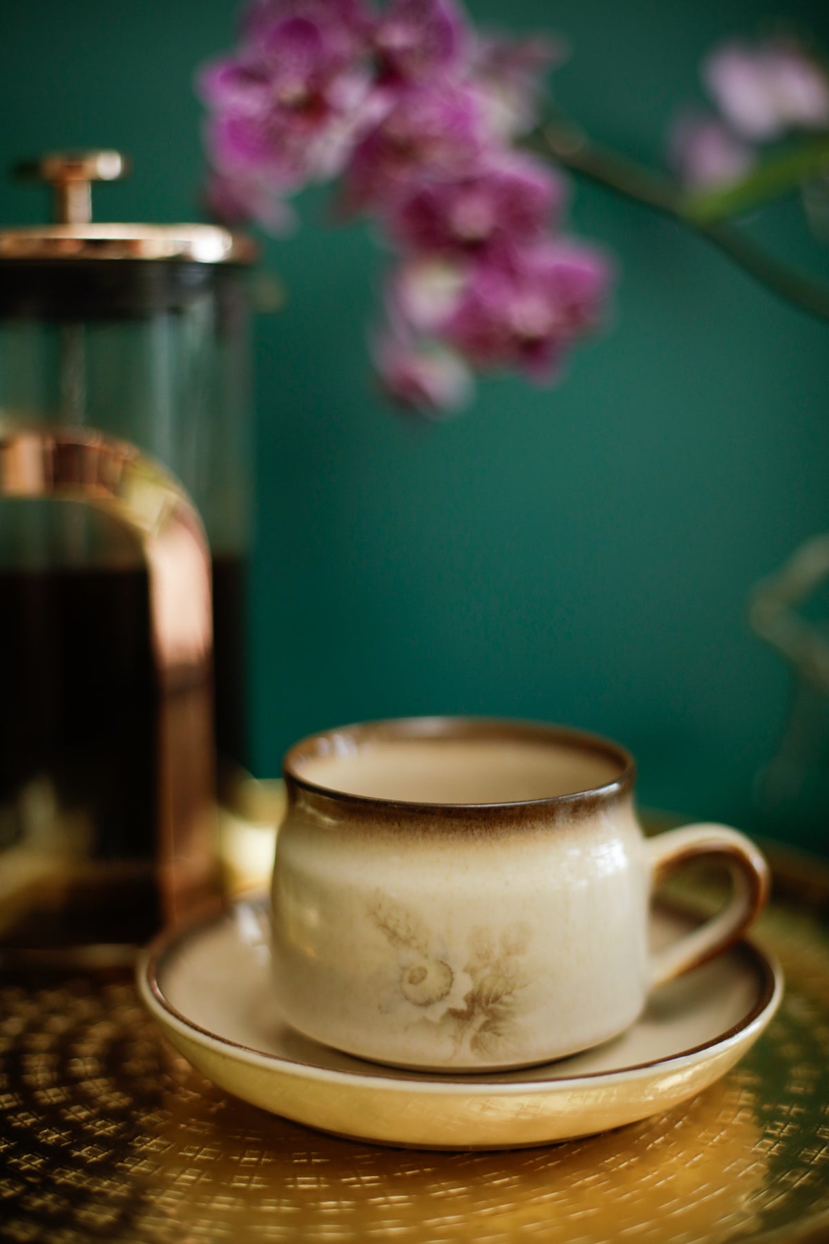 Denby Memories Images Cups and Saucers Floral Design Handcrafted Stoneware set of 3 cups and saucers