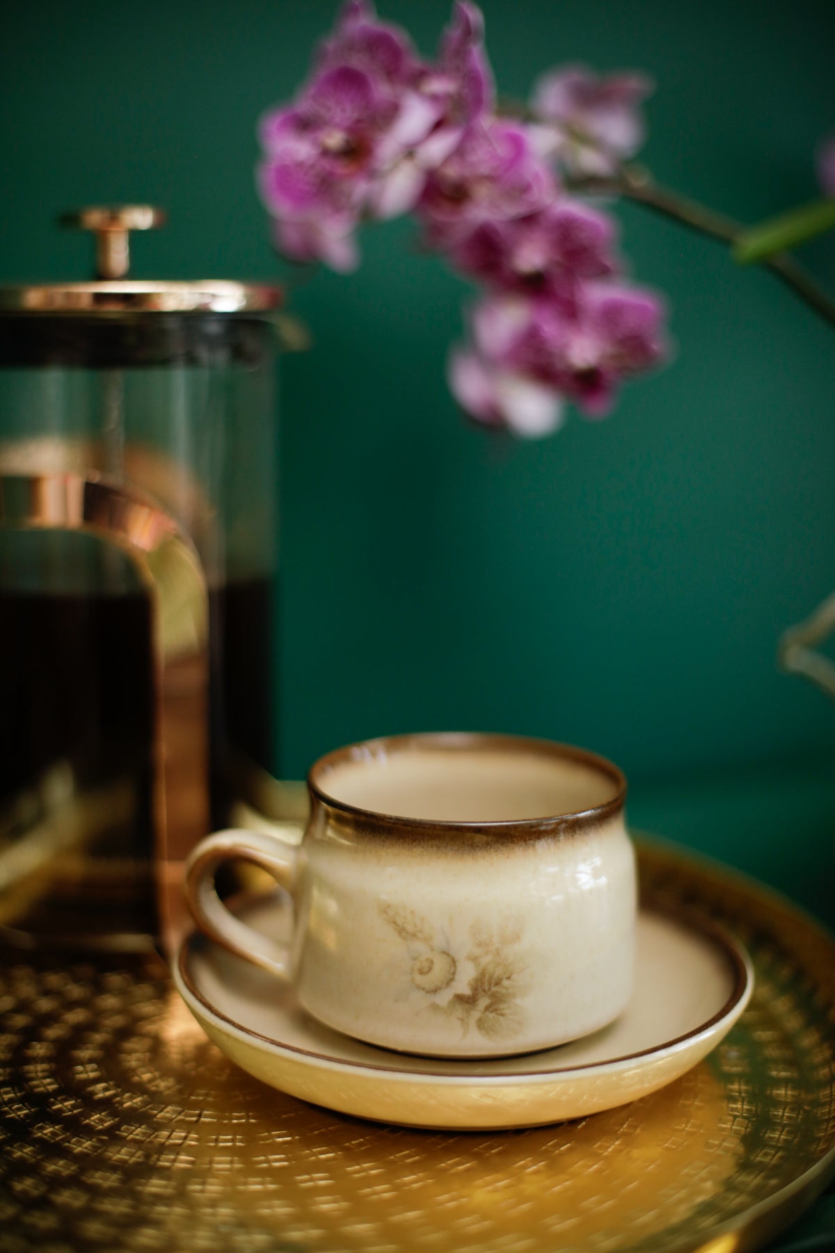 Denby Memories Images Cups and Saucers Floral Design Handcrafted Stoneware set of 3 cups and saucers