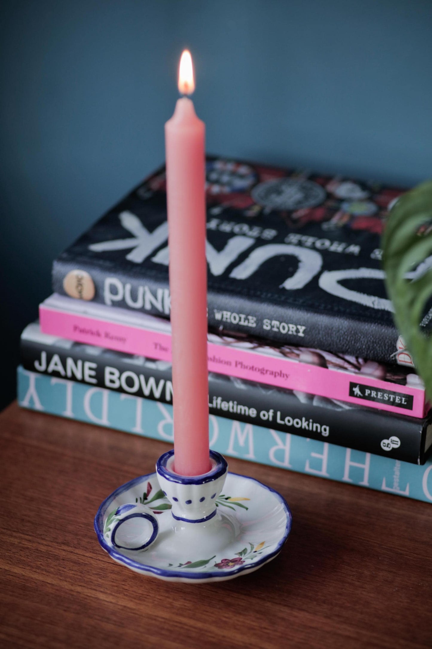 Chamber Vintage Candlestick Holder with handle handmade and hand-painted white and blue glaze wee willie winkie candle holder