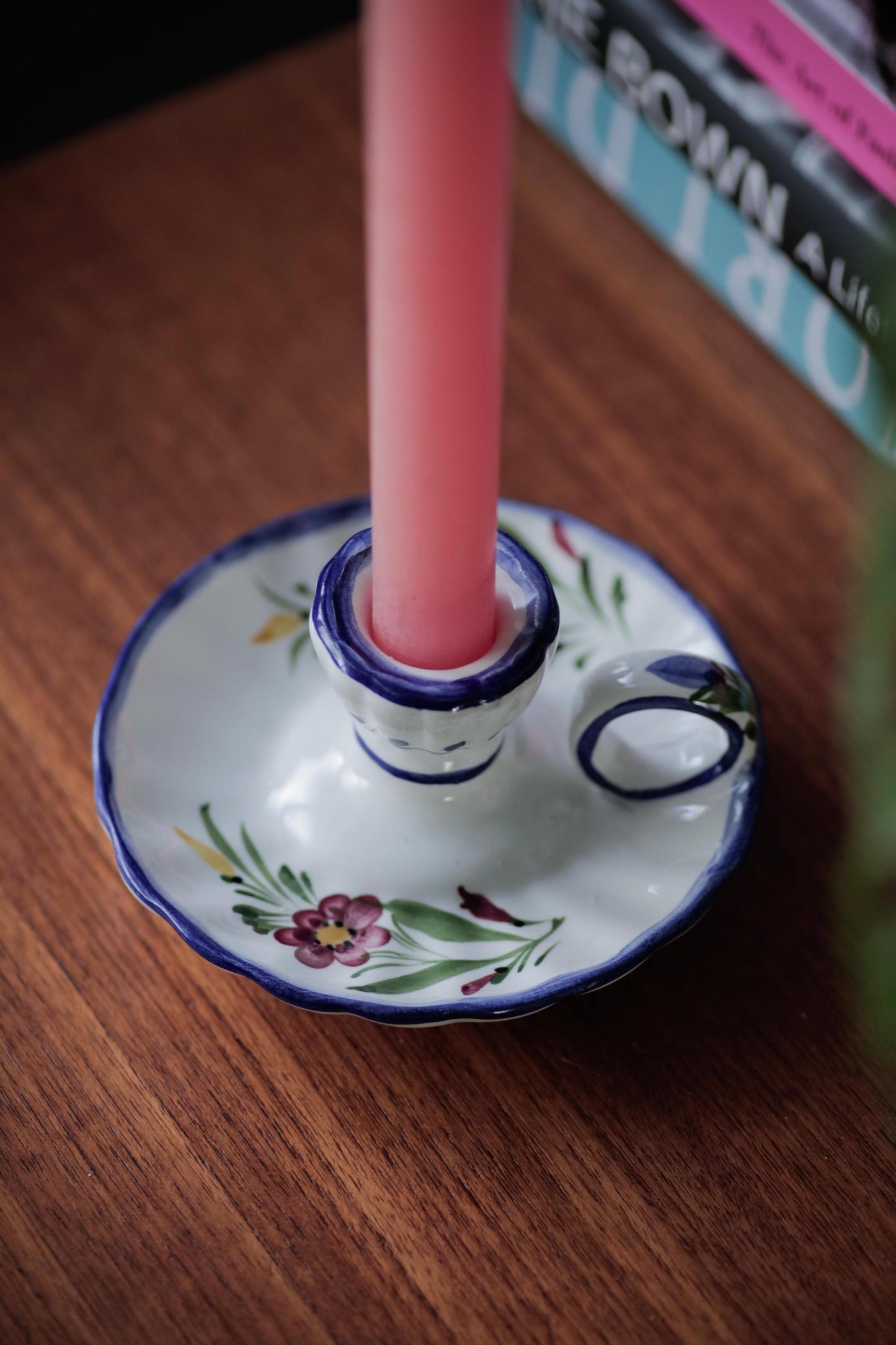 Chamber Vintage Candlestick Holder with handle handmade and hand-painted white and blue glaze wee willie winkie candle holder