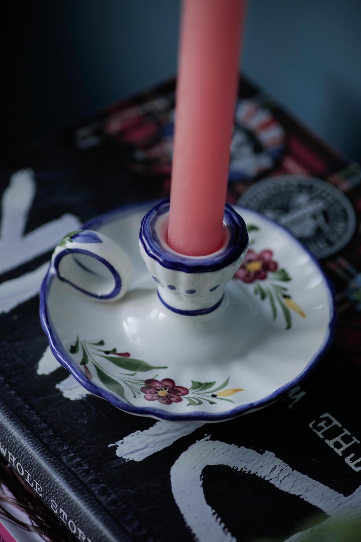 Chamber Vintage Candlestick Holder with handle handmade and hand-painted white and blue glaze wee willie winkie candle holder