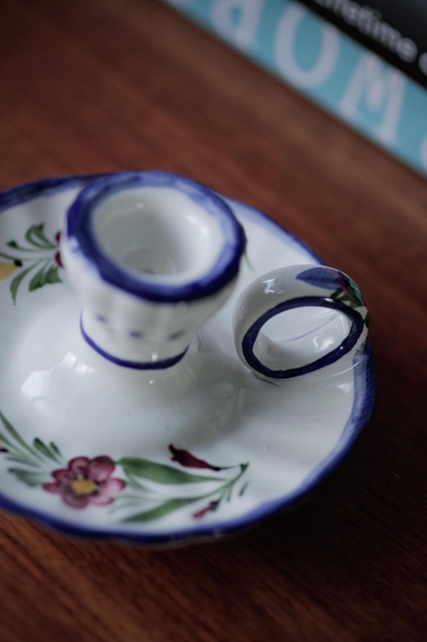Chamber Vintage Candlestick Holder with handle handmade and hand-painted white and blue glaze wee willie winkie candle holder